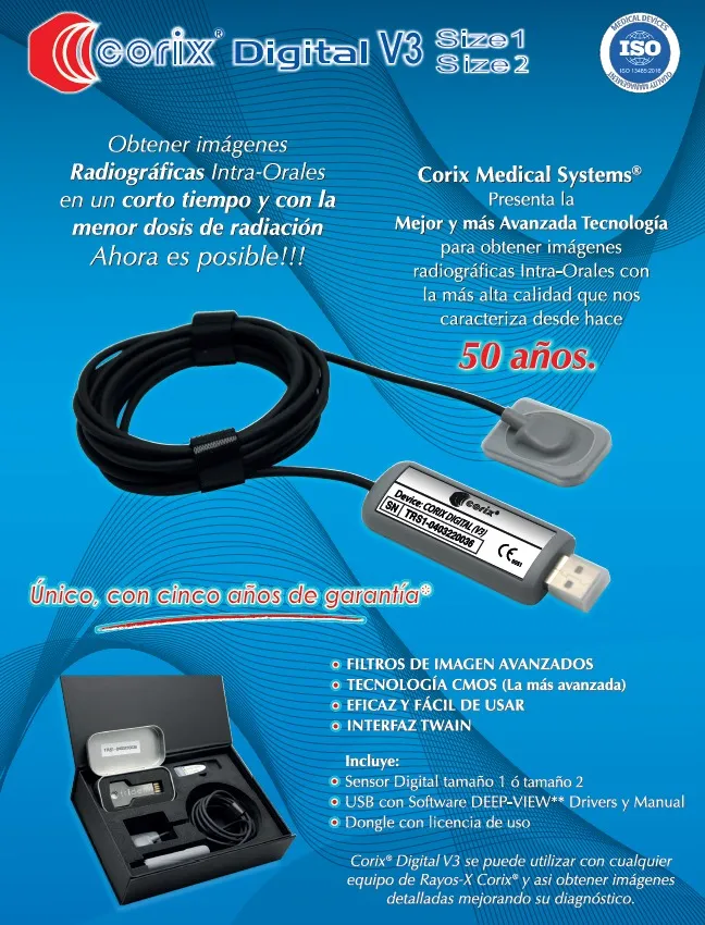 Sensor Corix V3 velocidad imagen conectado a equipo dental de brazo móvil para radiografías digitales precisas y rápidas.